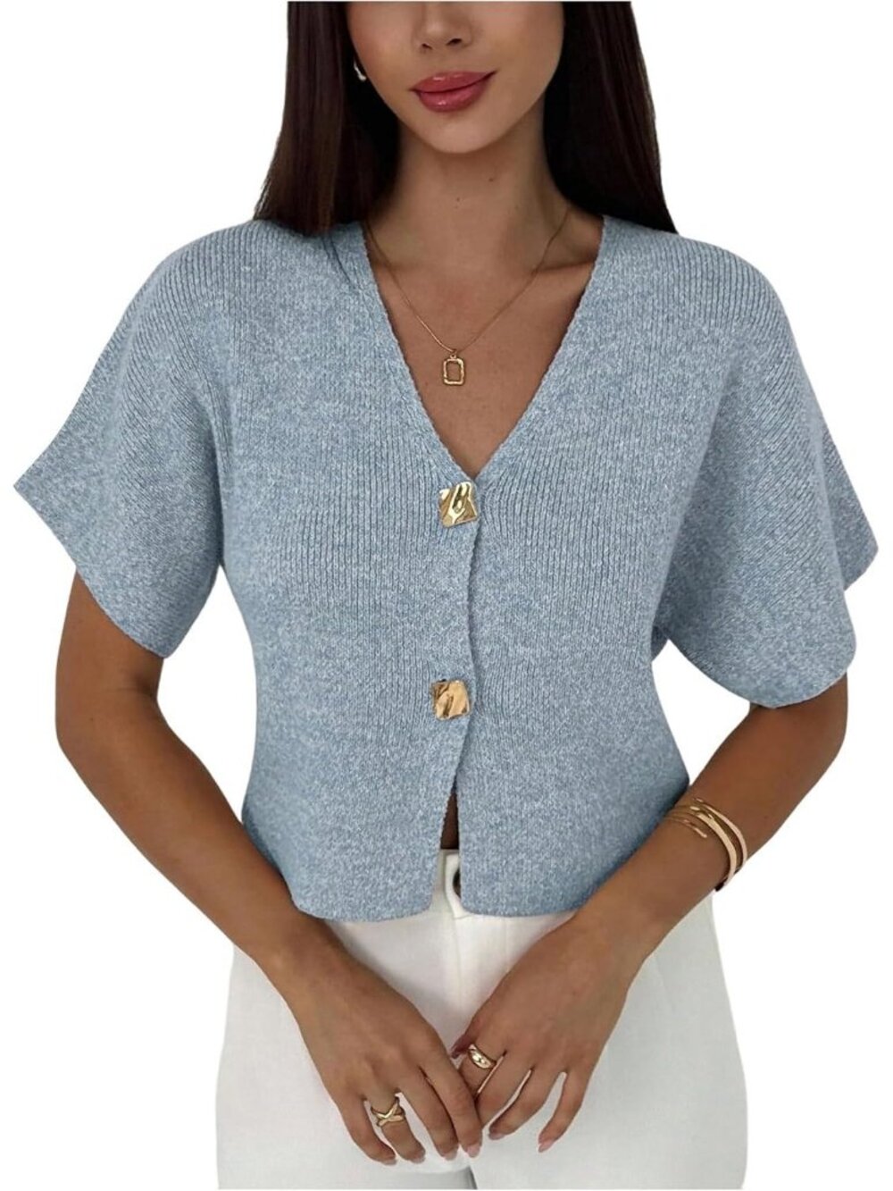 Women's Light Blue Short Sleeve V Neck Cardigan Button Down Knit Tops Sweater
